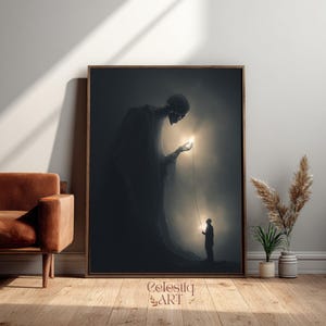 May include: A framed art print depicts a surreal scene with a large, shadowy figure extending a glowing orb to a smaller figure. The artwork is predominantly dark with a bright light source, creating a dramatic contrast. The print is signed "Celestiq ART".