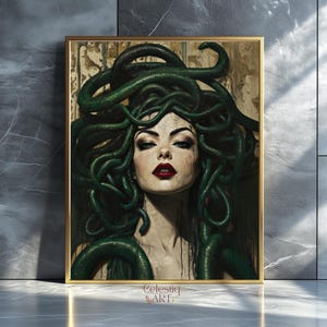 Stampa artistica di Medusa, decorazione da parete gotica vintage, cartolina Moody Cabinet Card, estetica Goth Sepia Dark Academia, mitologia greca