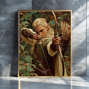 May include: A framed art print of a fair-skinned archer with long blonde hair, drawing a bow in a forest setting. The archer wears a green tunic and brown leather accents. The print is framed in a gold-coloured frame. The artwork is signed "Celestiq ART."