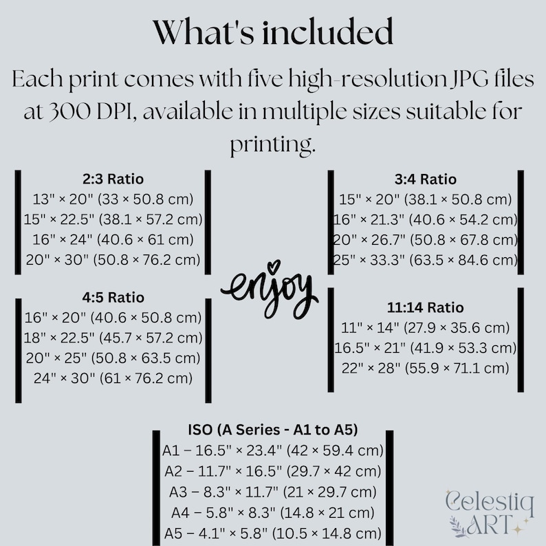 May include: A white background with text detailing print sizes and ratios, including 13" x 20" (33 x 50.8 cm), 15" x 22.5" (38.1 x 57.2 cm), and 16" x 24" (40.6 x 61 cm). The word "enjoy" is written in cursive.