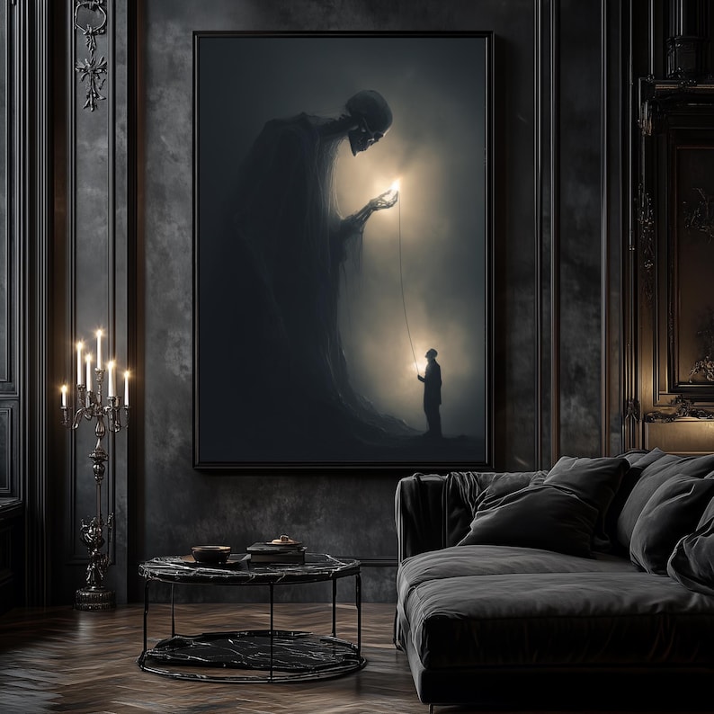 May include: A framed, dark artwork depicts a towering skeletal figure offering a glowing orb to a small person. The artwork is set in a room with dark walls, a black sofa, and a marble coffee table. A candelabra stands to the left.