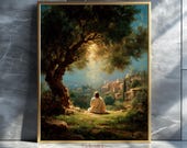 Jesus Sitting Under Olive Tree Print, Peaceful Neutral Christian Wall Art, Modern Spiritual Home Decor, Soft Painterly Fine Art of Christ