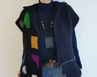 Black unique asymmetric knit vest in boho style