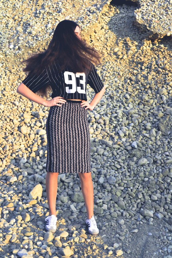 Handmade Wool Pencil Skirt - Black and Grey Zigzag - Size S | Soft and Cozy Knitwear by Mothershands