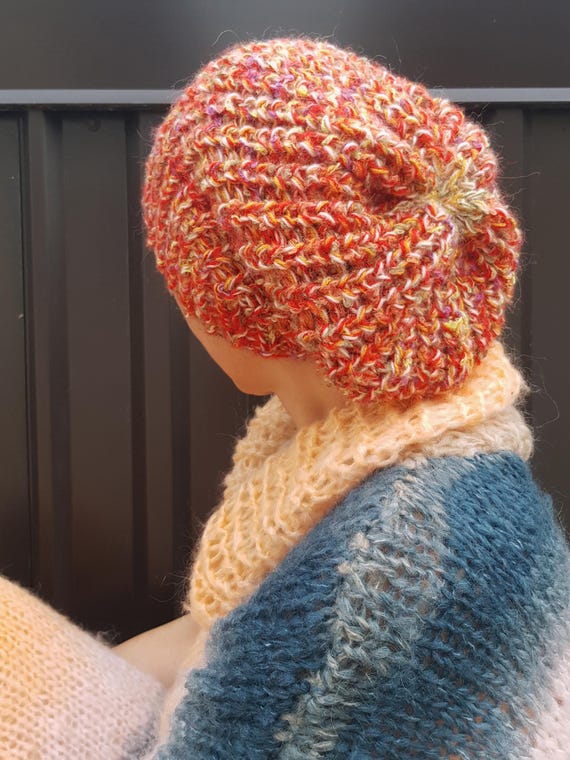 Hand knit colorful beanie