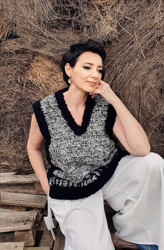 AIDA -  Hand-Knitted Merino Wool Vest – Black Sleeveless Cardigan for Women | Soft Winter Knitwear
