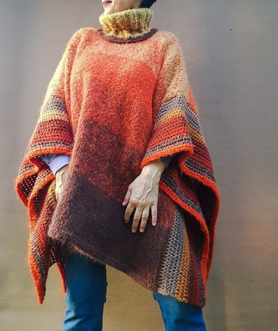 Boho autumn colors wool sweater ponchos, Hand knit oversize poncho with removable turtleneck