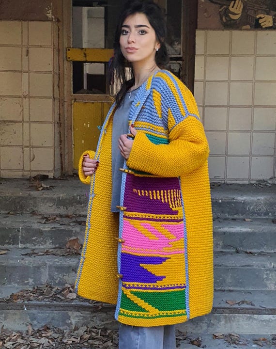 Yellow hand knit unique wool coat