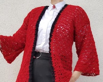 Veste / cardigan rouge pour femme - crocheté fait à la main