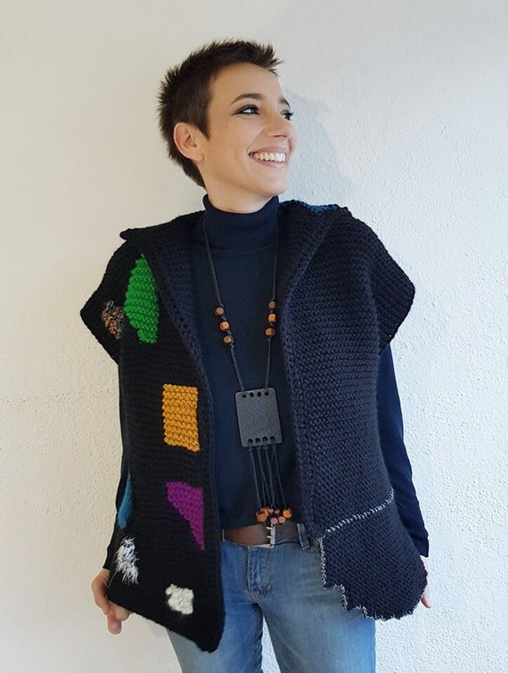 Black unique asymmetric knit vest in boho style