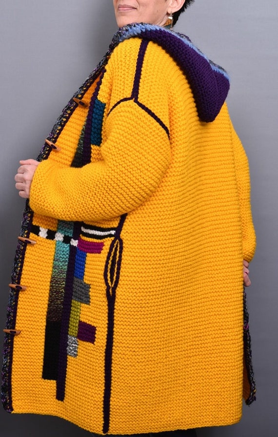 Yellow hand knit unique wool coat