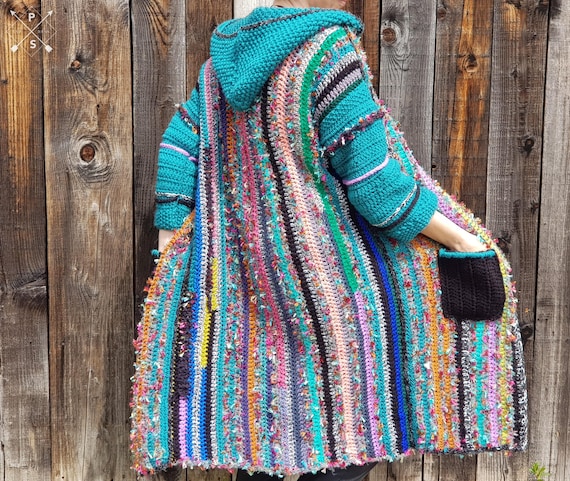 Multicolor hand knit unique wool coat