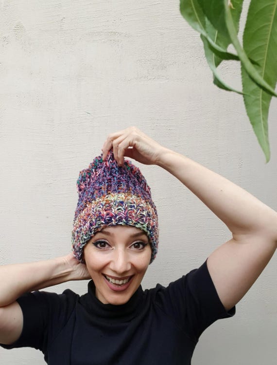 Hand knit colorful beanie