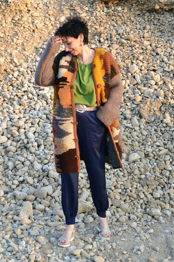 Colorblock Hand-Knitted Wool Coat – Earth Tones – Statement Outerwear | Mothershands