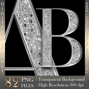 Silver Glitter Digital Alphabet, Luxury Letters & Numbers, Silver Foil, Metallic Chrome, PNG files, Instant download