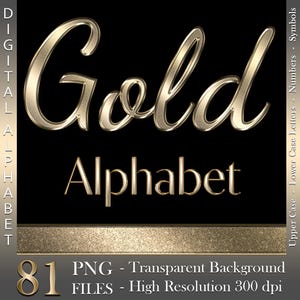 Gold Chrome Digital Alphabet, Luxury Letters & Numbers, Gold Foil, Metallic, PNG files, Instant download, graphics for commercial use