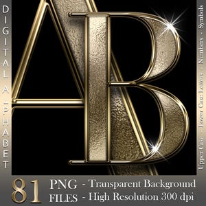 Alfabeto digital cromado dorado, letras y números de lujo, lámina dorada, metálico, archivos PNG, descarga instantánea, gráficos para uso comercial