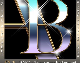Chrome Blue & Green Metallic Alphabet: PNG Digital Letters (Instant Download)