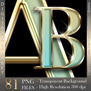 Blauwgroen en goudchroom, Digitaal alfabet, Luxe letters en cijfers, Groenblauw in goud, Hoge glans, PNG-bestanden, Directe download