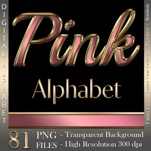 Roze en goud chroom, Digitaal alfabet, Luxe letters en cijfers, Roze in goud, Hoge glans, PNG-bestanden, Instant download