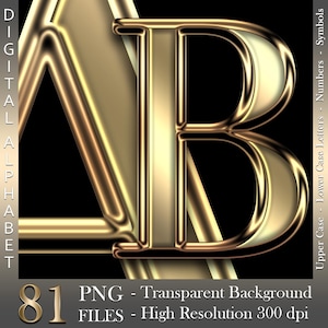 Or liquide chromé, alphabet numérique, lettres et chiffres de luxe, feuille d'or, or métallique, fichiers PNG, téléchargement immédiat