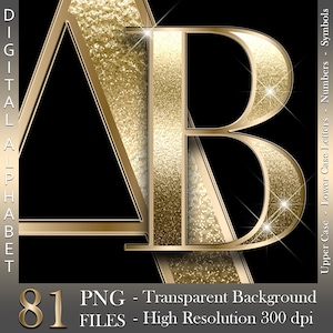 Alfabeto digital cromado dorado, letras y números de lujo, lámina dorada, metálico, archivos PNG, descarga instantánea, gráficos para uso comercial