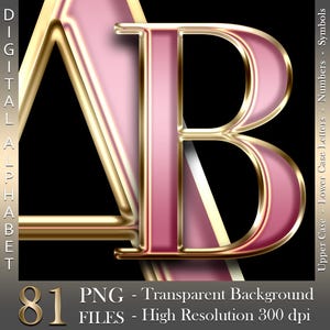 Rose et chrome doré, alphabet numérique, lettres et chiffres de luxe, rose en or, haute brillance, fichiers PNG, téléchargement immédiat