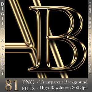 Digitaal alfabet, zwart en goud chroom, luxe letters en cijfers, zwart in goud, hoogglans, png-bestanden, directe download