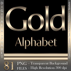Gold Chrome Digital Alphabet, Luxury Letters & Numbers, Gold Foil, Metallic, PNG files, Instant download, graphics for commercial use