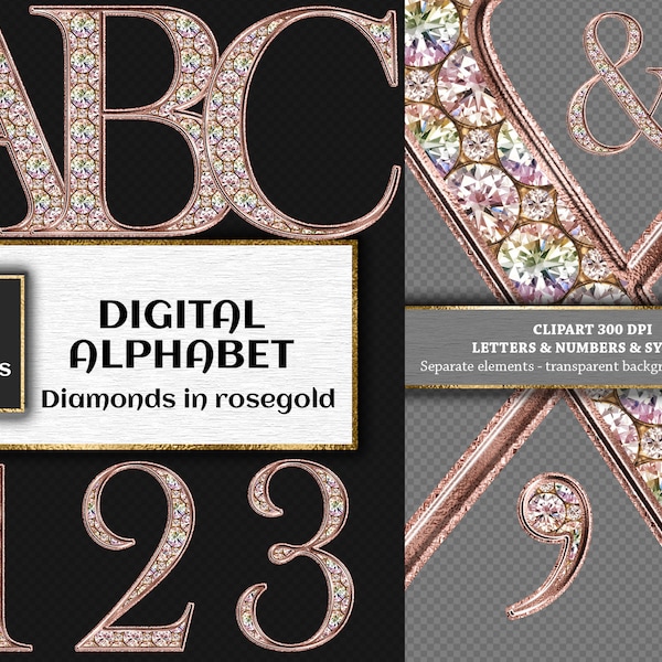 Diamonds in rose gold, digital alphabet, Glam rose gold clipart, Letters, Numbers, PNG files, graphics for commercial use