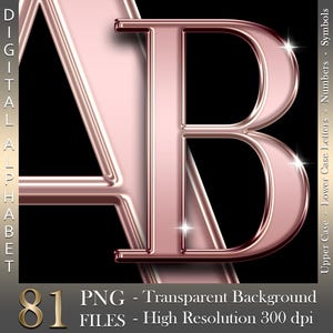 Roze chroom, Digitaal alfabet, Luxe letters en cijfers, Babyroze, Hoge glans, PNG-bestanden, Instant download