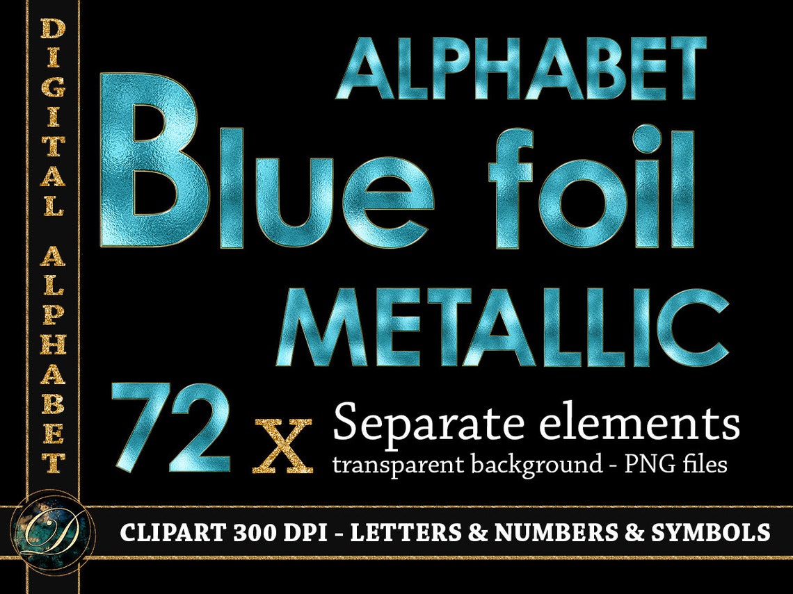 Metallic Blue Foil Digital Alphabet Clipart Letters Numbers Etsy UK