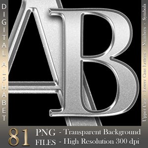 May include: Silver metallic letters A and B with a textured surface. The letters are in a bold, uppercase font. The image is labeled "DIGITAL ALPHABET" and "81 PNG - Transparent Background FILES - High Resolution 300 dpi".