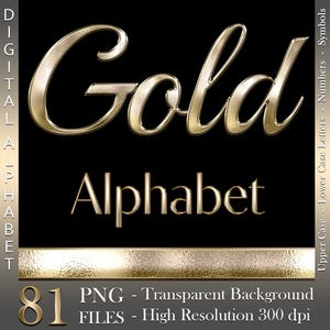 Gold Chrome Digital Alphabet, Luxury Letters & Numbers, Gold Foil, Metallic, PNG files, Instant download, graphics for commercial use