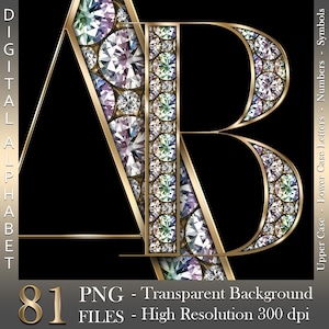 Diamanten in goud, digitaal alfabet, glamourgouden clipart, diamanten letters, sprankelende letter, cijfers, png-bestanden, digitale download