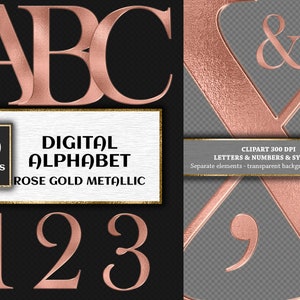 Rose Gold metallic digital alphabet, metallic Letters Numbers, PNG files, digital instant download, graphics for commercial use