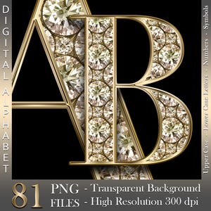 Diamanten in goud, digitaal alfabet, glamourgouden clipart, diamanten letters, sprankelende letter, cijfers, png-bestanden, digitale download