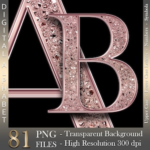 Rose Gold Glitter Digital Alphabet, Luxury Letters & Numbers, Rose Gold Foil, Metallic Chrome, PNG files, Instant download