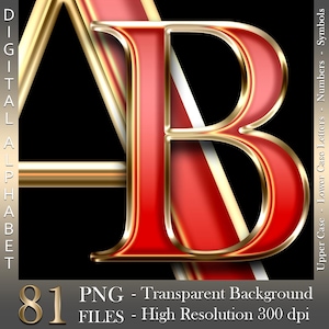 Rood en goud, Digitaal alfabet, Luxe letters en cijfers, Rood in goud, Hoge glans, PNG-bestanden, Instant download