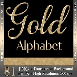 Gold Chrome Digital Alphabet, Luxury Letters & Numbers, Gold Foil, Metallic, PNG files, Instant download, graphics for commercial use