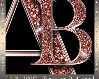 Glitter Digital Alphabet: Copper Diamond PNG Clipart (Instant Download)