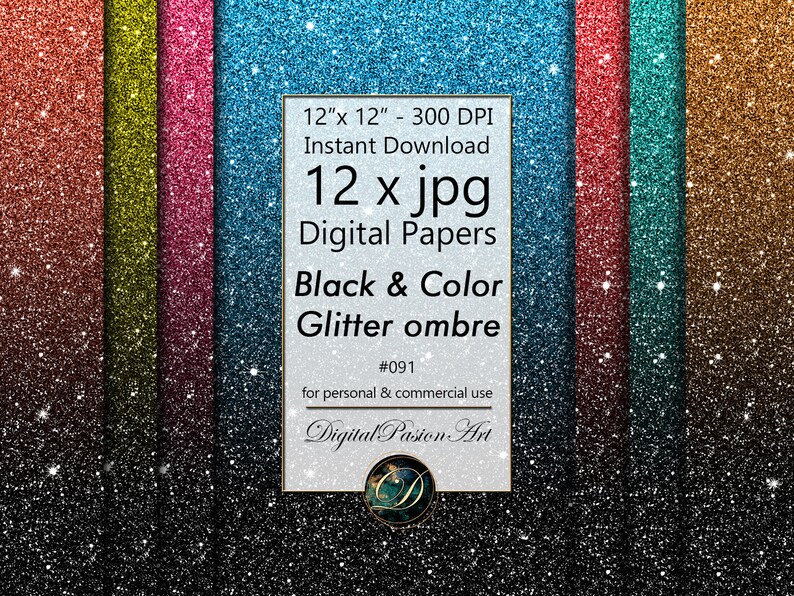 Ombre Glitter Digital Papers Black & Color Papers Sparkles Etsy