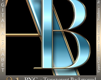 Baby Blue and Gold Chrome Digital Alphabet: PNG Letters & Numbers (Instant Download)