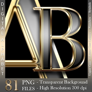 Zwart en goudchroom, Digitaal alfabet, Luxe letters en cijfers, Zwart in goud, Hoge glans, PNG-bestanden, Directe download