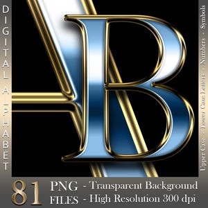Blauw en goud chroom, Digitaal alfabet, Luxe letters en cijfers, Blauw in goud, Hoge glans, PNG-bestanden, Instant download
