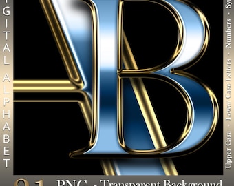 Blue & Gold Chrome Digital Alphabet: PNG Letters, Numbers (Digital Download)