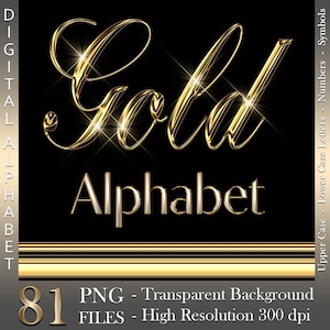 Gold Chrome Digital Alphabet, Luxury Letters & Numbers, Gold Foil, Metallic, PNG files, Instant download, graphics for commercial use