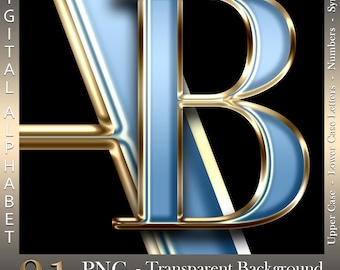 Blue and Gold Chrome Digital Alphabet: PNG Letters & Numbers (Instant Download)