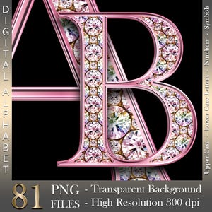 Diamants roses, Alphabet numérique, clipart rose glam, lettres de diamant, lettre scintillante, chiffres, fichiers PNG, téléchargement numérique