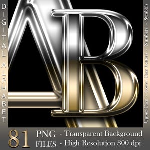Gold and Silver Chrome Digital Alphabet, Luxury Letters & Numbers, Metallic, PNG files, Instant download, graphics for commercial use